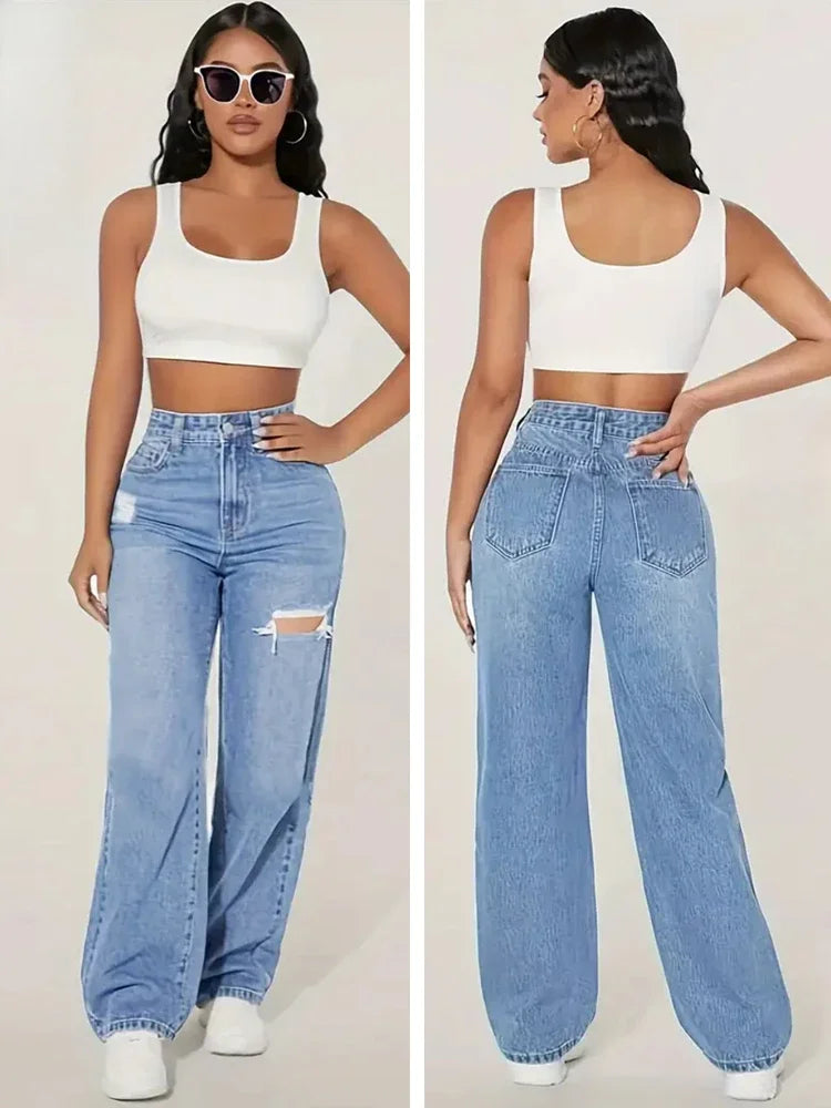 High Waist Wide-Leg Jeans – Lockerer Fit, Cut-Out Details, Gewaschener Denim